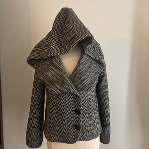 😍 LUX 1940’s Retro Feel Hooded Taupe & Black Herringbone Double Breasted Coat L